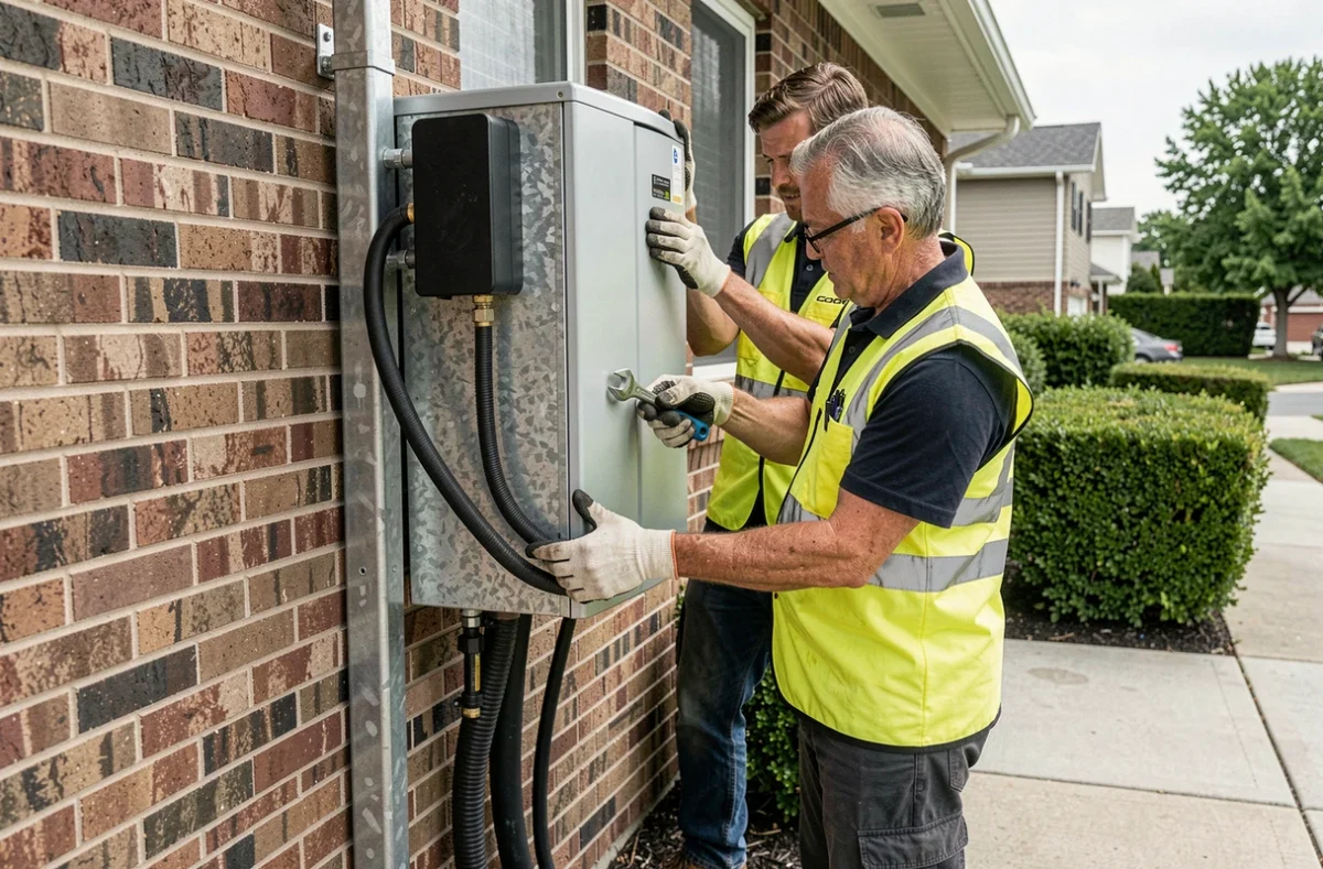 Deux techniciens installant une pompe à chaleur sur la façade d'un pavillon dans le cadre de travaux de rénovation énergétique