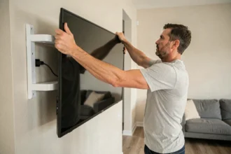 Homme installant un grand téléviseur sur un support mural dans un salon moderne, illustrant le poids maximum d'un TV pour une fixation murale