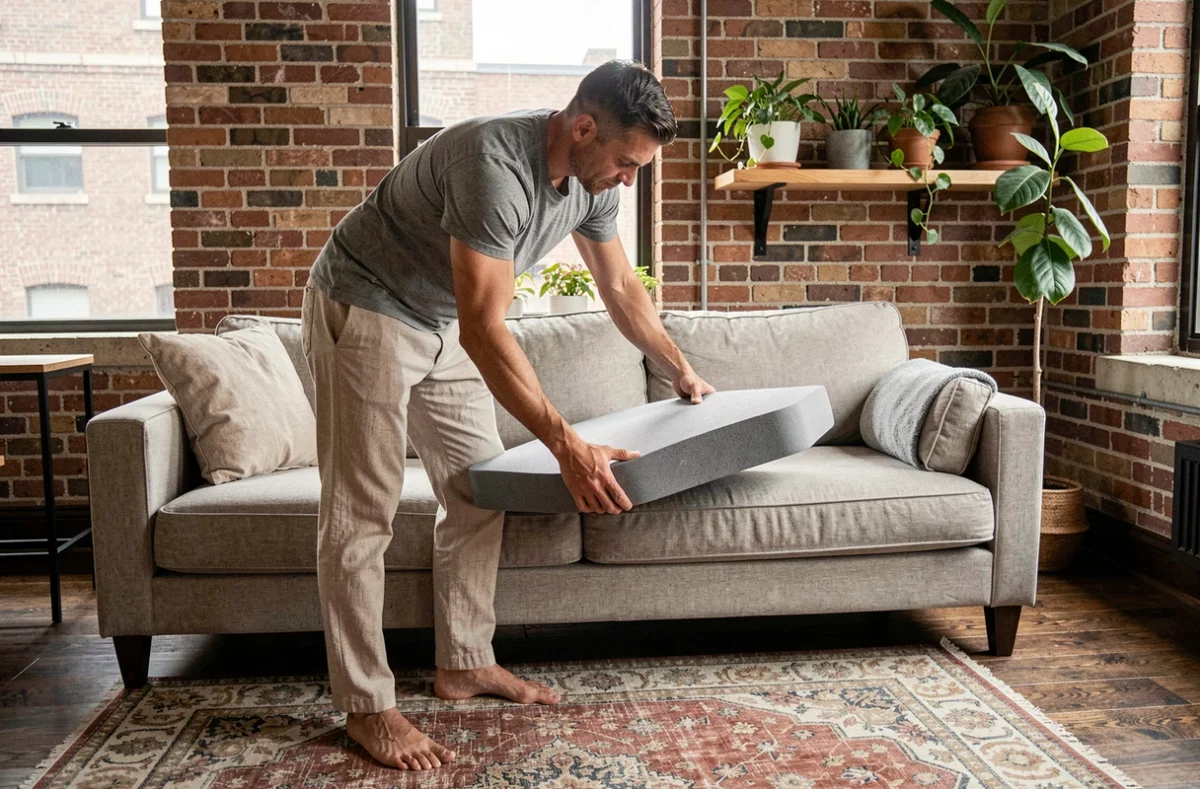 Homme installant un coussin ergonomique sur un canapé pour améliorer l'assise