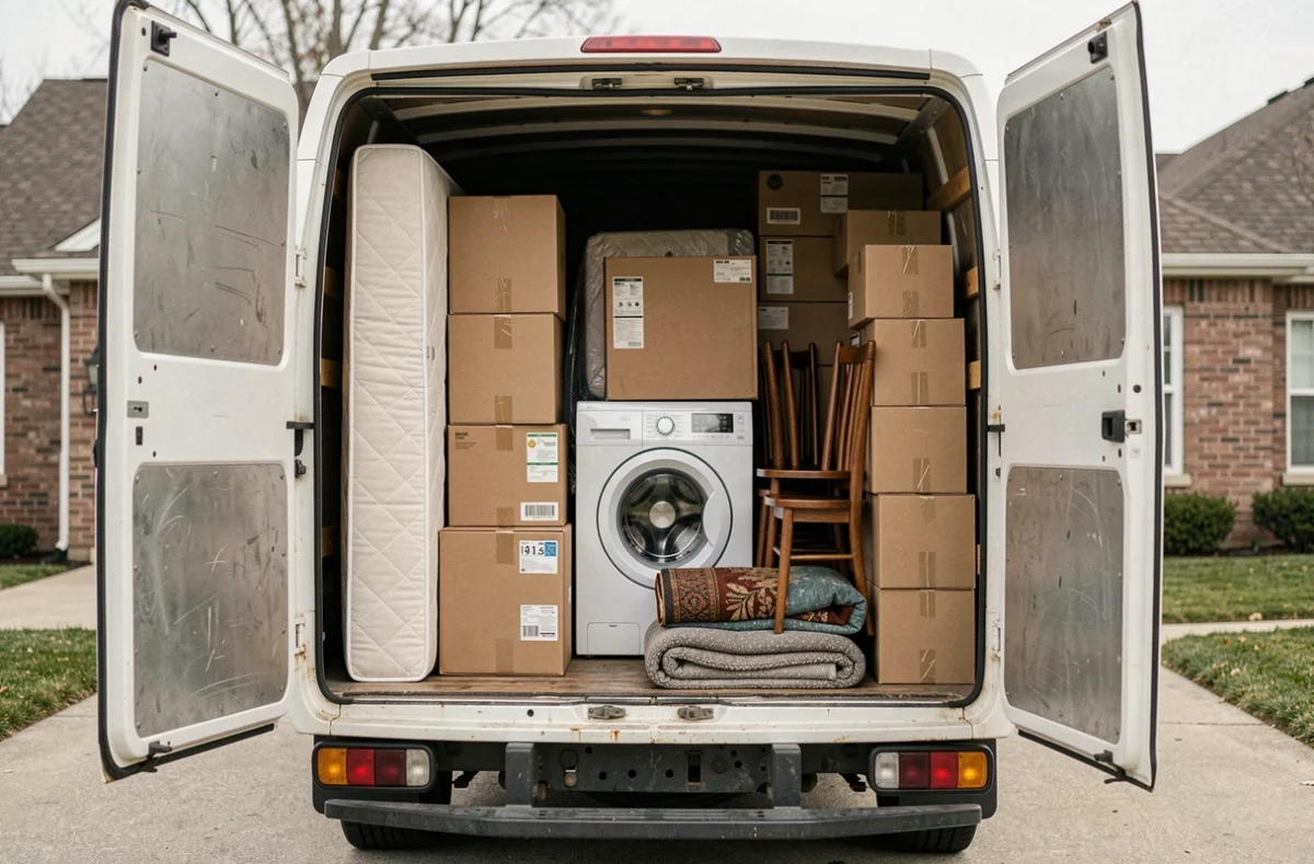 Intérieur d'un camion de déménagement 4m3 entièrement chargé avec meubles et cartons organisés