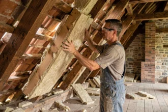 Artisan installant des panneaux de laine minérale entre les chevrons d'un grenier en pierre pour isoler une vieille maison