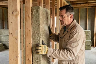 Artisan posant des panneaux de laine minérale entre des montants en bois lors d'une rénovation intérieure pour améliorer le DPE