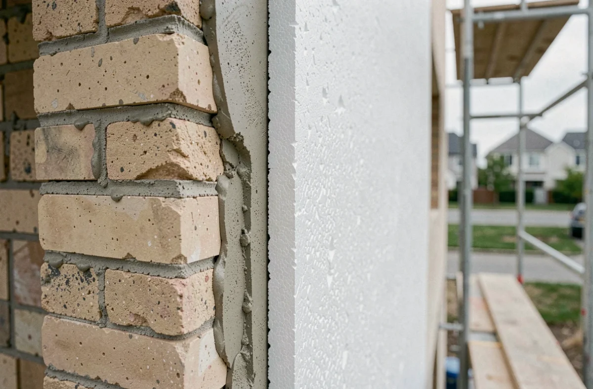 Détail en coupe d'un mur extérieur avec isolation thermique par l'extérieur en polystyrène expansé pour améliorer la classe DPE D