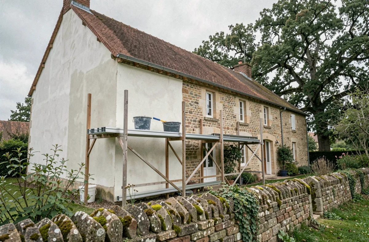 Façade d'une vieille maison en pierre de campagne avec isolation thermique par l'extérieur en cours de pose sur un échafaudage