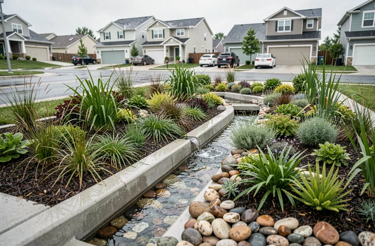 Jardin pluvial urbain en biorétention intégré dans un quartier résidentiel pour la gestion des eaux de ruissellement