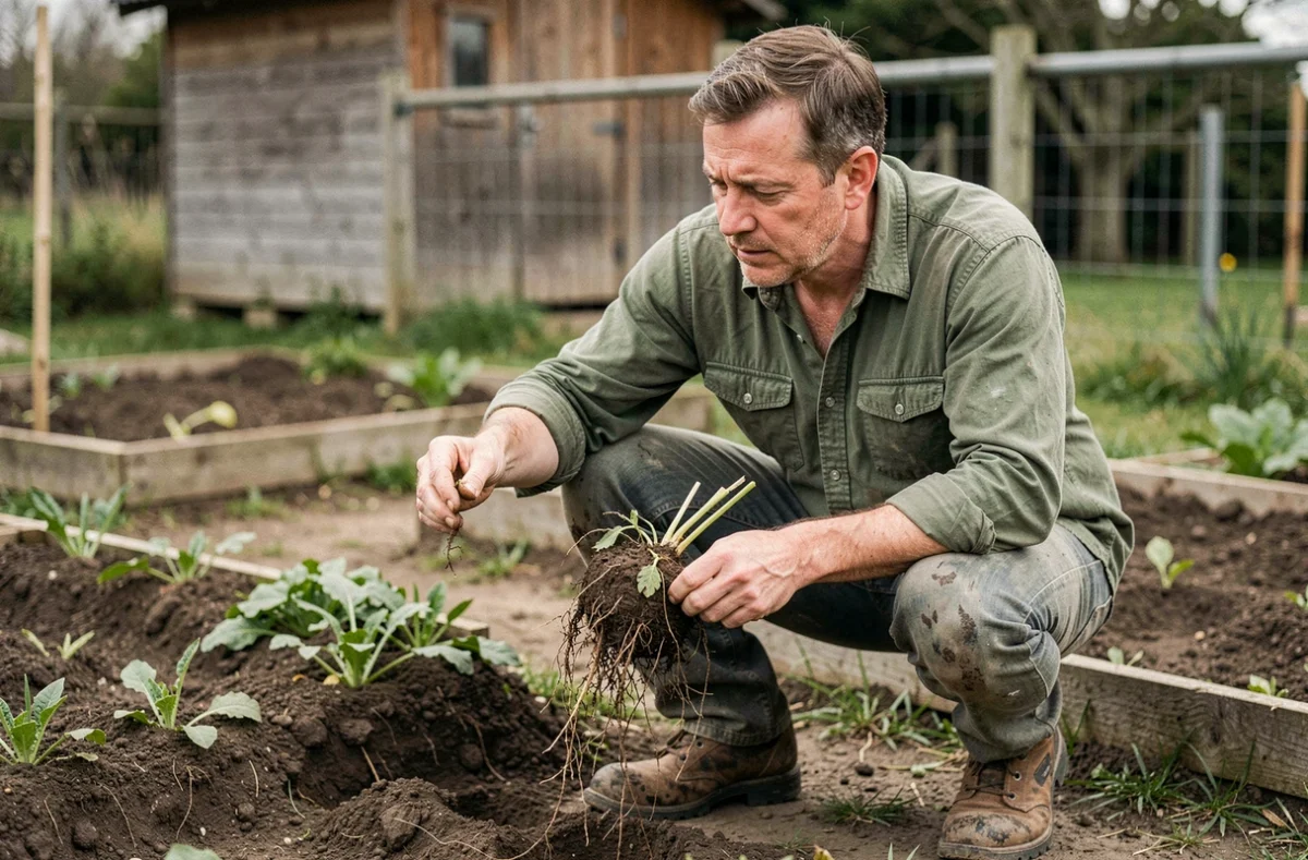 Jardinier examinant une mauvaise herbe arrachée après avoir retourné la terre de son potager