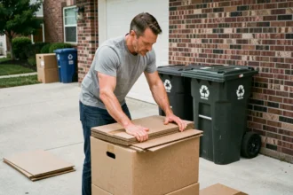 Homme qui aplatit et empile de grands cartons dans une allée résidentielle à côté d'un bac de recyclage
