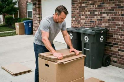 Homme qui aplatit et empile de grands cartons dans une allée résidentielle à côté d'un bac de recyclage