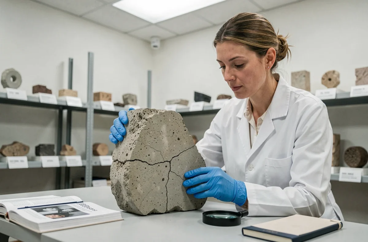 Conservatrice de musée analysant un fragment de béton romain antique dans un laboratoire de conservation