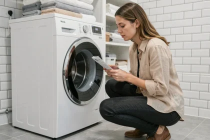 Femme examinant le panneau de commande d'une machine à laver séchante dans une buanderie moderne