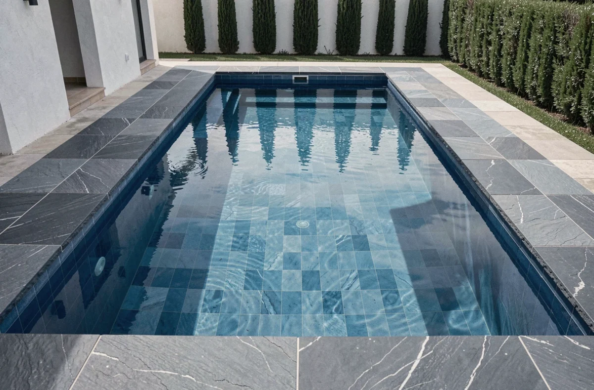 Margelles en ardoise noire sur une piscine de luxe dans une villa méditerranéenne contemporaine