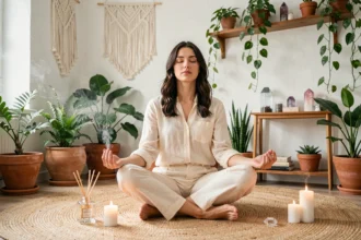 Femme méditant dans un salon zen entouré de plantes, cristaux et bougies pour attirer les ondes positives