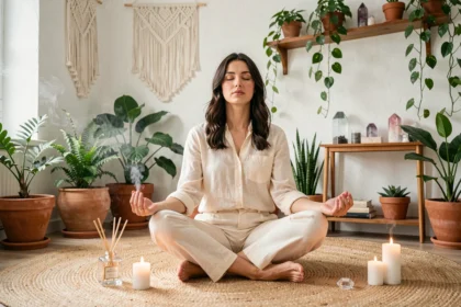 Femme méditant dans un salon zen entouré de plantes, cristaux et bougies pour attirer les ondes positives