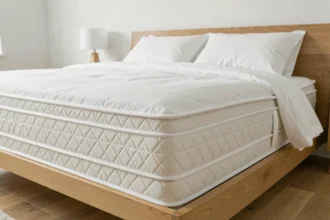 Matelas haut de gamme sur un lit bien fait dans une chambre scandinave moderne avec literie blanche et parquet en chêne clair