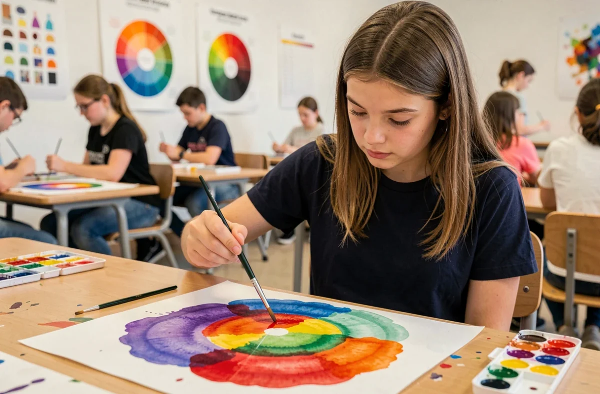 Adolescente expérimentant le mélange de couleurs à l'aquarelle dans une salle de classe d'arts plastiques