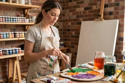 Femme artiste mélangeant des couleurs de peinture acrylique sur une palette en céramique dans un atelier de peinture