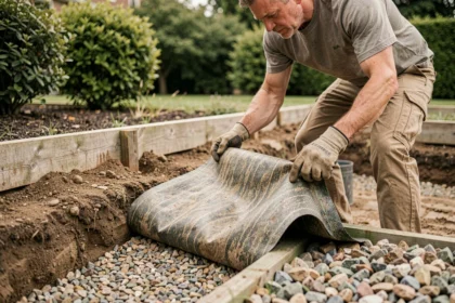 Jardinier déroulant une membrane géotextile sous un chemin de gravier dans un jardin résidentiel
