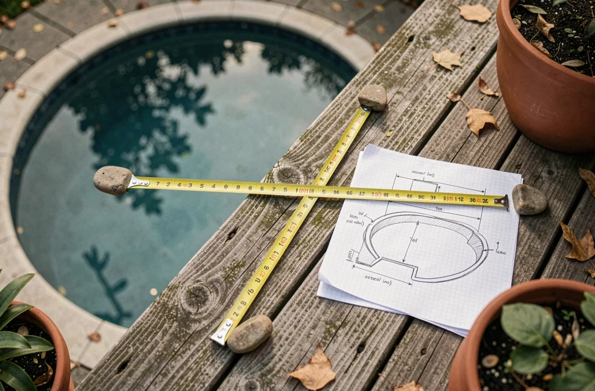 Vue plongeante d'un mètre ruban et d'un plan de piscine pour calculer les dimensions d'une piscine en forme libre