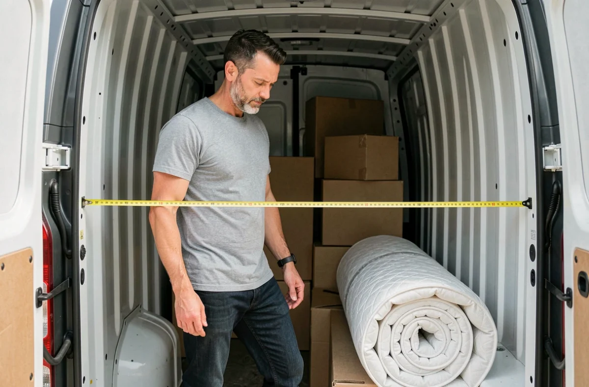Un homme mesure l'intérieur d'un camion de déménagement 6m3 avec un mètre ruban pour vérifier si un lit peut rentrer
