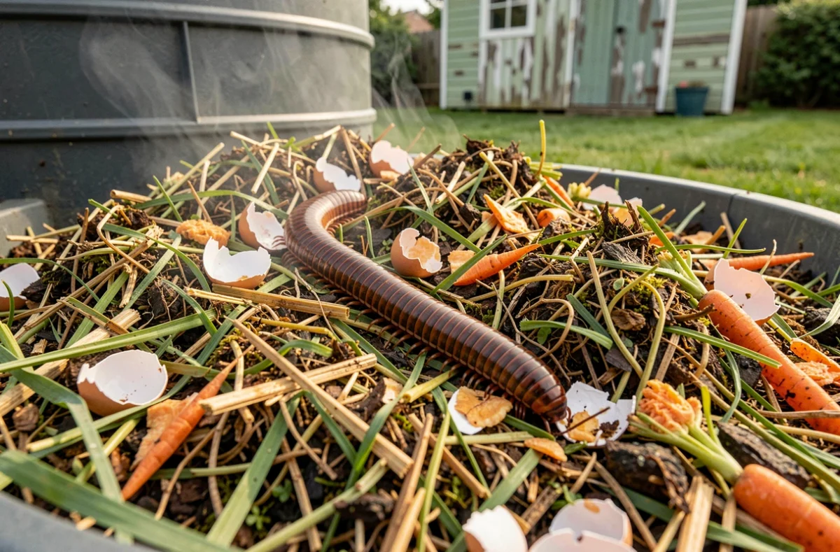 Mille-pattes roux progressant dans un tas de compost frais composé de tontes d'herbe et d'épluchures de légumes, vue au ras du sol dans un jardin domestique