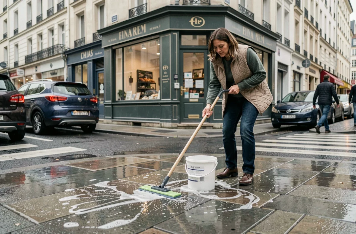 Commerçante nettoyant le trottoir mouillé devant sa boutique de rue