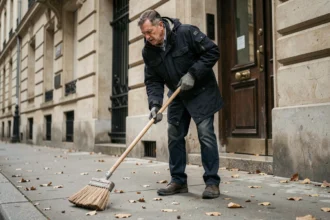 Homme balayant le trottoir devant un immeuble haussmannien en automne