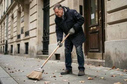 Homme balayant le trottoir devant un immeuble haussmannien en automne
