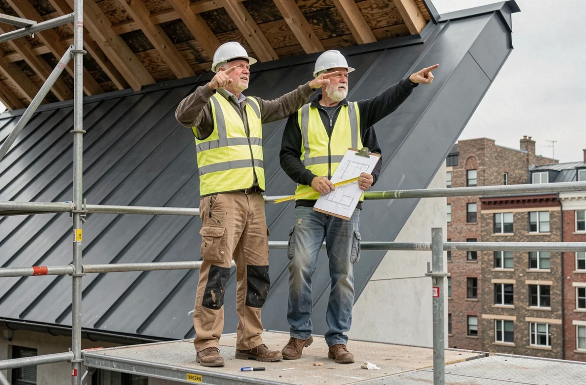 Deux ouvriers en bâtiment évaluant la pente d'un toit en zinc sur un chantier de construction résidentiel urbain