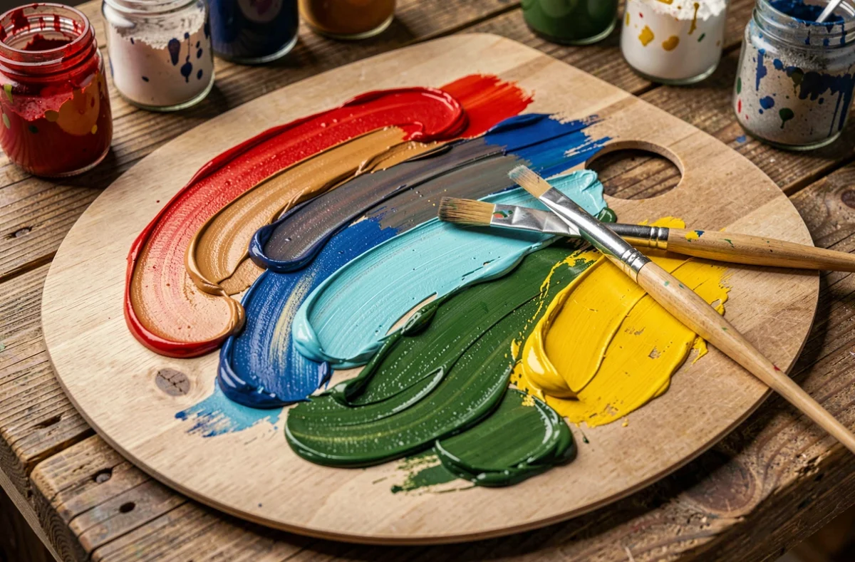 Vue de dessus d'une palette de peintre couverte de mélanges de couleurs primaires et secondaires avec couteaux et pinceaux