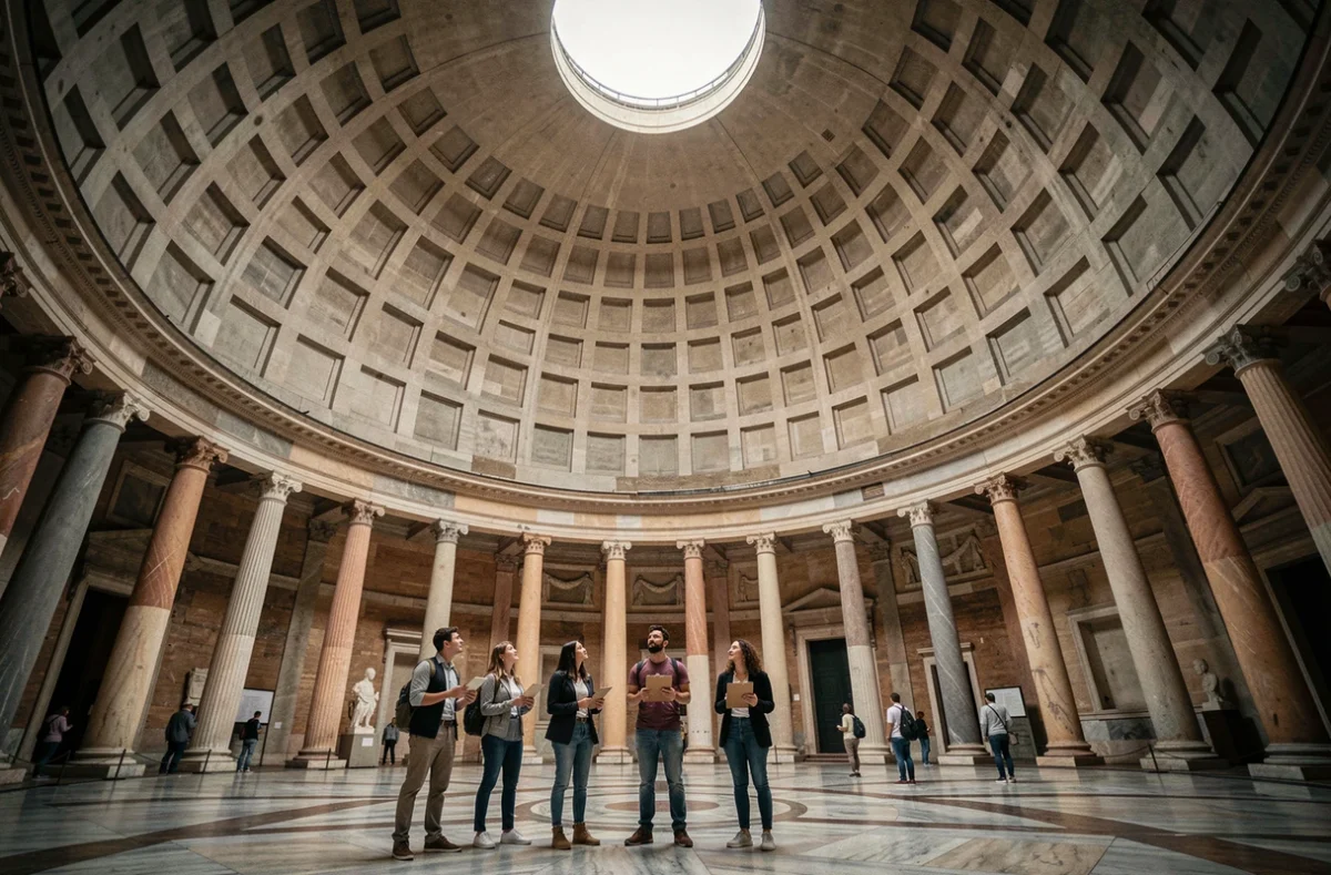 Étudiants en archéologie contemplant la coupole en béton non armé du Panthéon de Rome