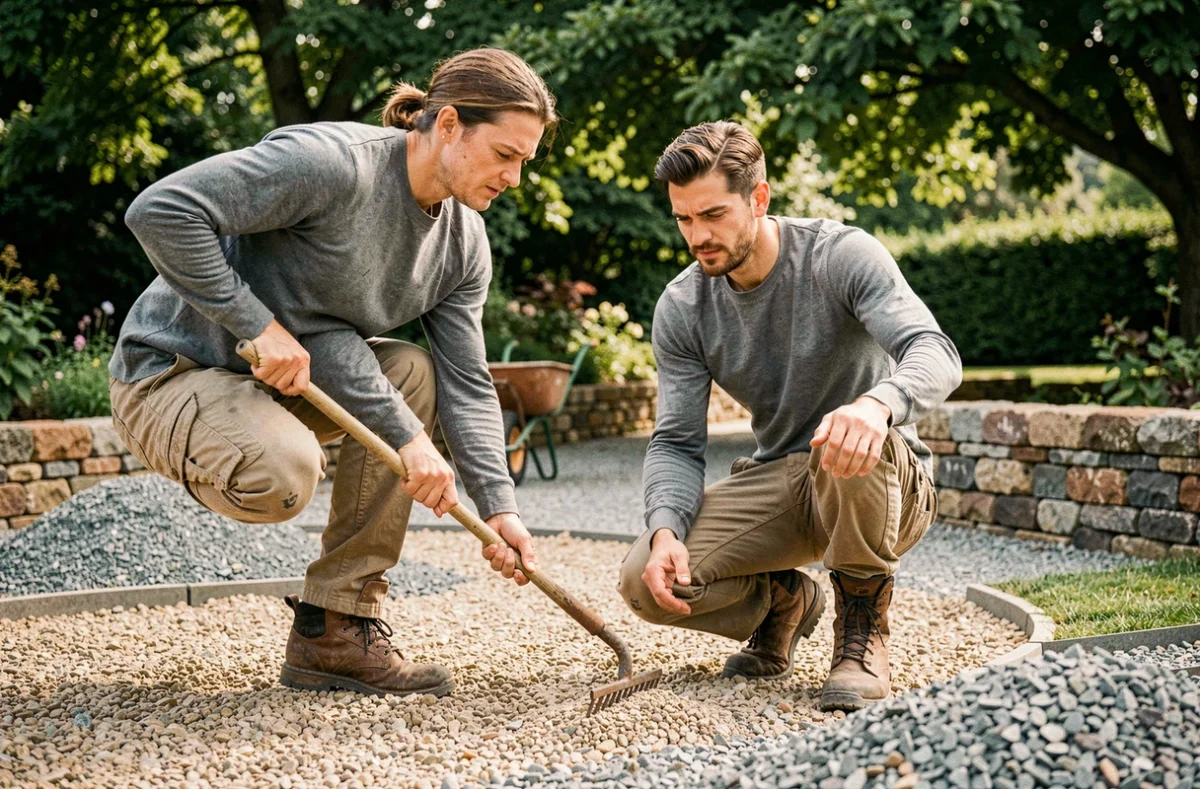 Paysagiste en train d'étaler du gravier 20 mm sur une allée courbe avec un râteau, entouré d'outils de jardinage et d'une végétation verdoyante