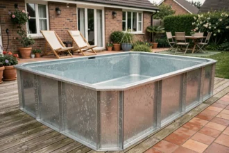 Piscine hors-sol en acier et résine résistante installée dans un jardin suburban avec terrasse en bois