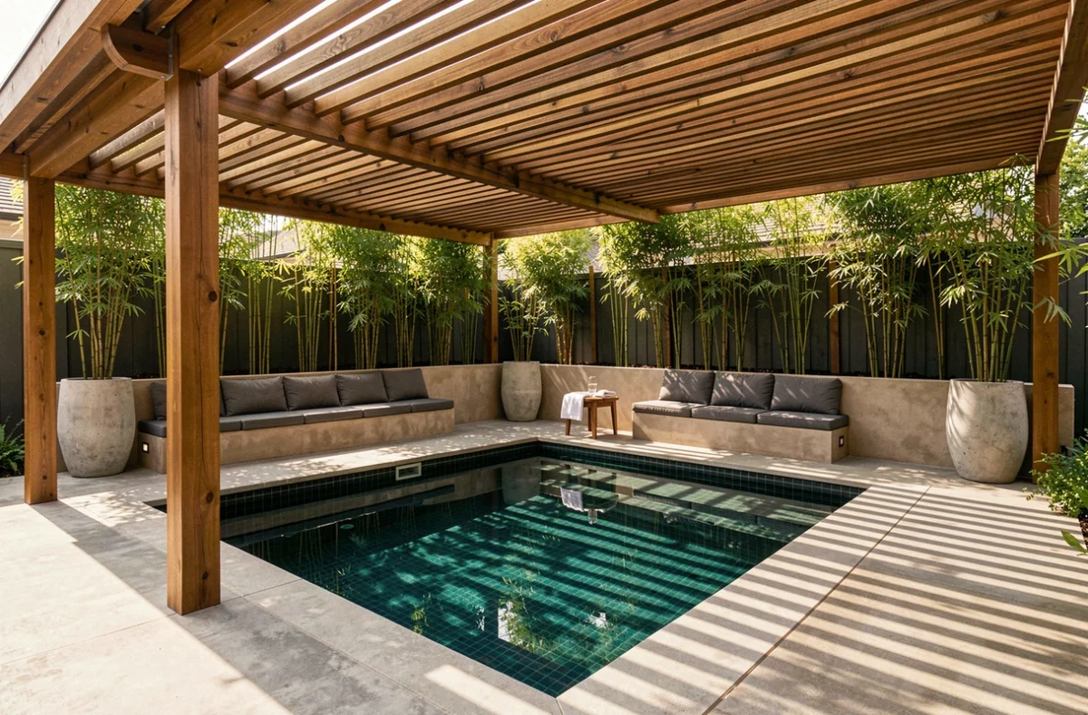 Piscine moderne avec pergola en bois, banquette intégrée et paravent en bambou pour un espace détente aménagé