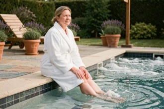 Femme en peignoir assise au bord d'une piscine transformée en spa avec jets hydromassants dans un jardin paysager
