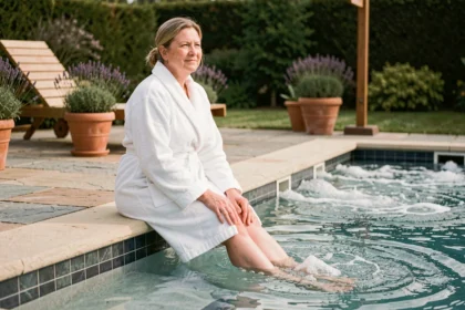 Femme en peignoir assise au bord d'une piscine transformée en spa avec jets hydromassants dans un jardin paysager