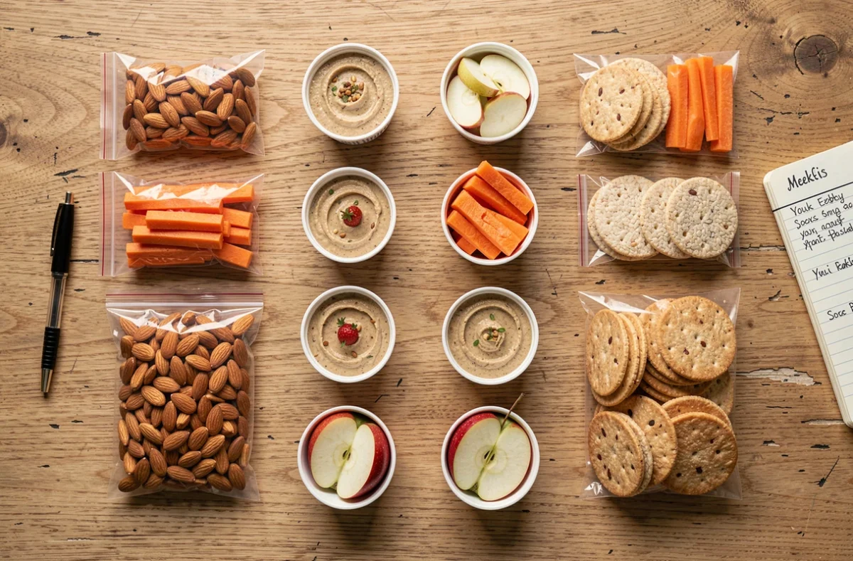 Vue aérienne d'une préparation hebdomadaire de snacks en portions sur une table en bois