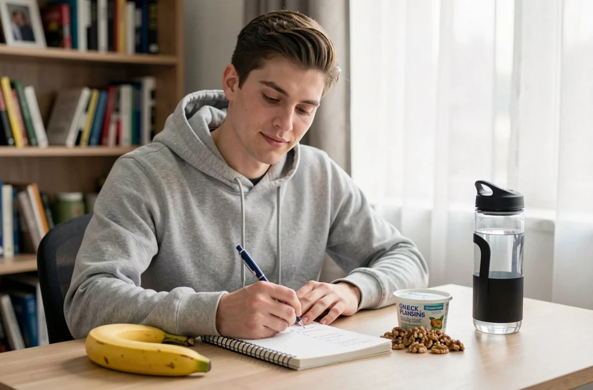 Jeune homme planifiant son programme de snacks dans un carnet dans un bureau à domicile