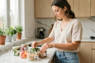 Femme préparant des snacks sains en portions dans des boîtes en verre dans une cuisine moderne
