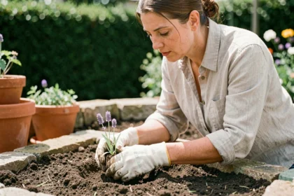 Femme plantant un plant de lavande dans un parterre de jardin au printemps avec des gants de jardinage