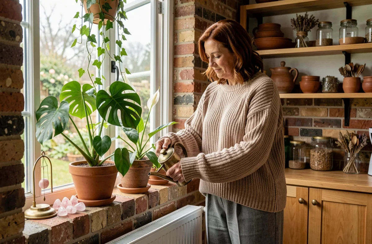Femme arrosant des plantes d'intérieur près d'une fenêtre avec des cristaux pour favoriser les bonnes énergies à domicile