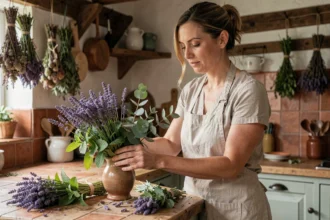 Femme arrangeant des plantes répulsives naturelles comme la lavande et la menthe dans une cuisine rustique pour éloigner les insectes