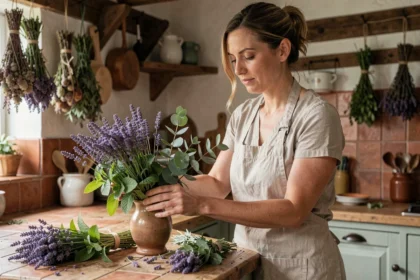 Femme arrangeant des plantes répulsives naturelles comme la lavande et la menthe dans une cuisine rustique pour éloigner les insectes