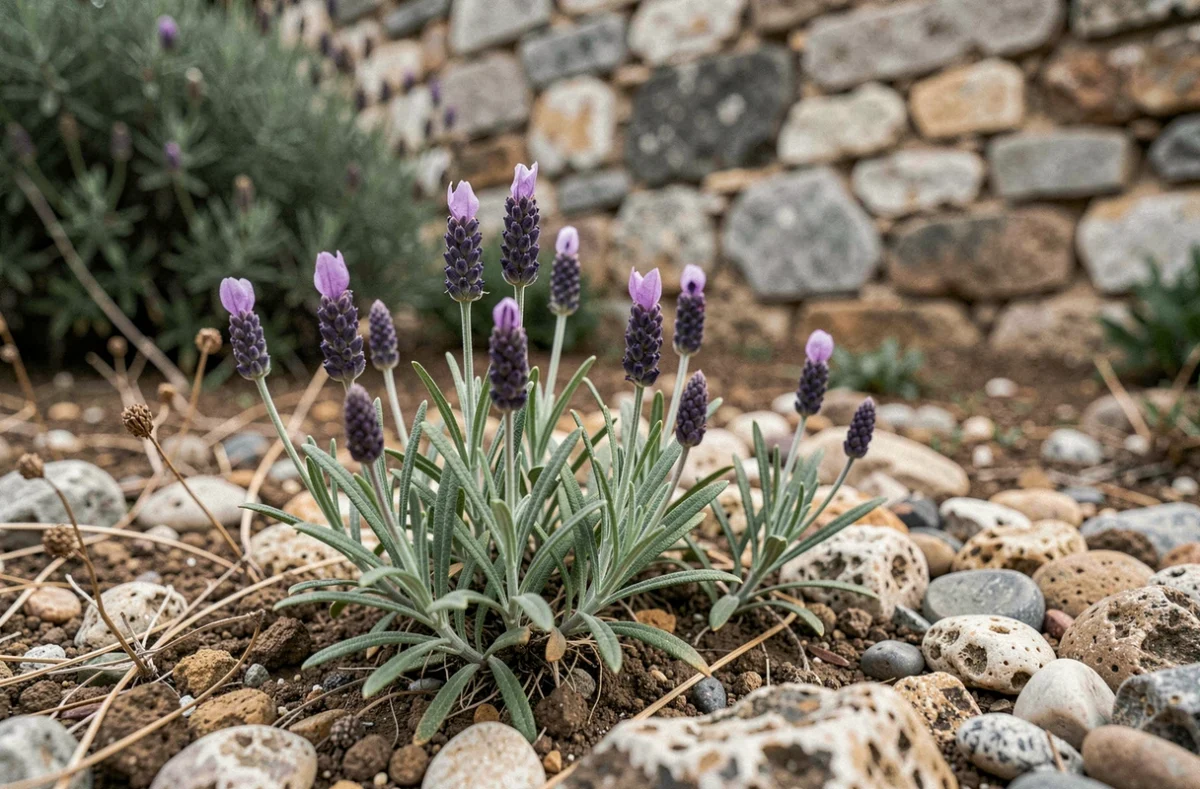 Jeunes plants de lavande aux boutons violets poussant dans un sol rocailleux de style méditerranéen
