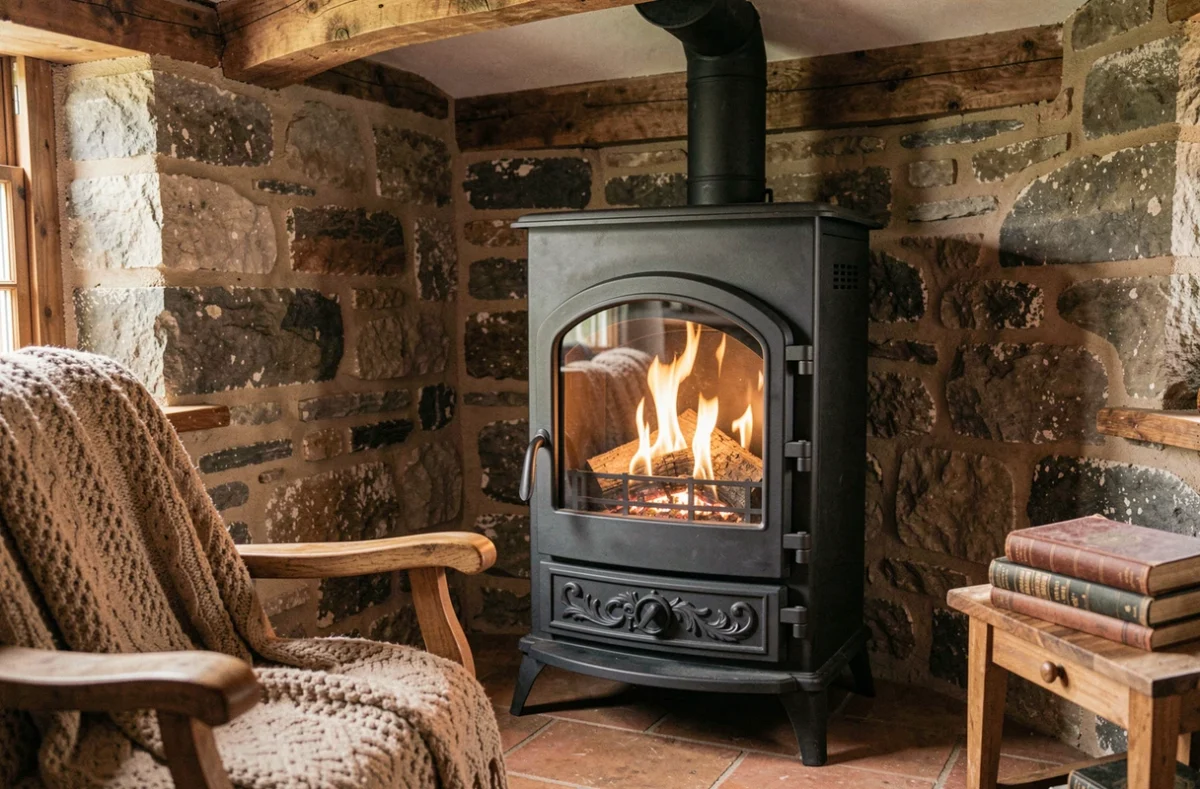 Poêle électrique autonome au design fonte dans une chambre rustique avec poutres en bois et murs en pierre