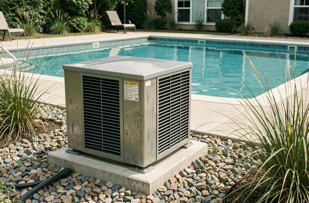 Pompe à chaleur de piscine installée en extérieur avec bassin résidentiel en arrière-plan