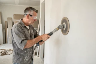 Professionnel utilisant une ponceuse à manche long pour poncer un mur en plâtre lors de travaux de rénovation intérieure