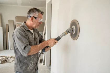 Professionnel utilisant une ponceuse à manche long pour poncer un mur en plâtre lors de travaux de rénovation intérieure