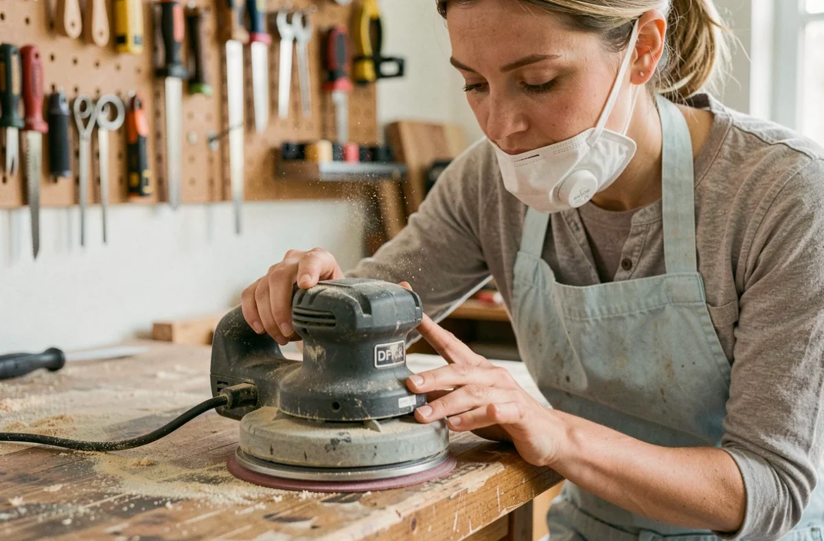 Femme examinant une ponceuse orbitale posée sur un établi dans un atelier de bricolage