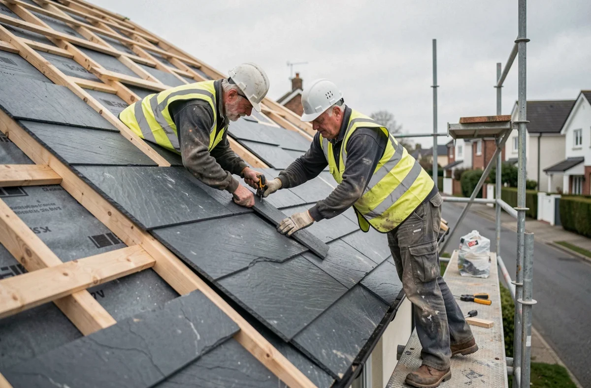 Deux couvreurs posant des ardoises sur une maison lors de travaux de réfection de toiture