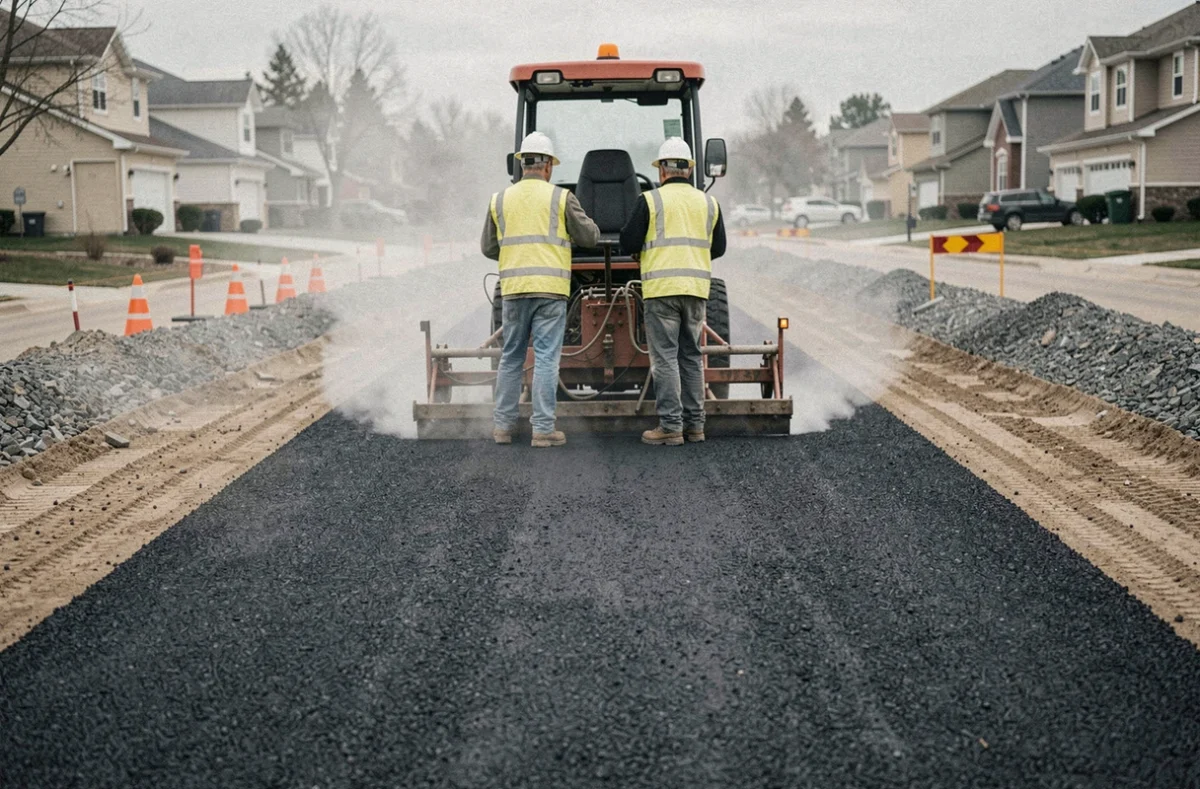 Équipe de travaux publics posant de l'enrobé bitumineux neuf sur une route de banlieue